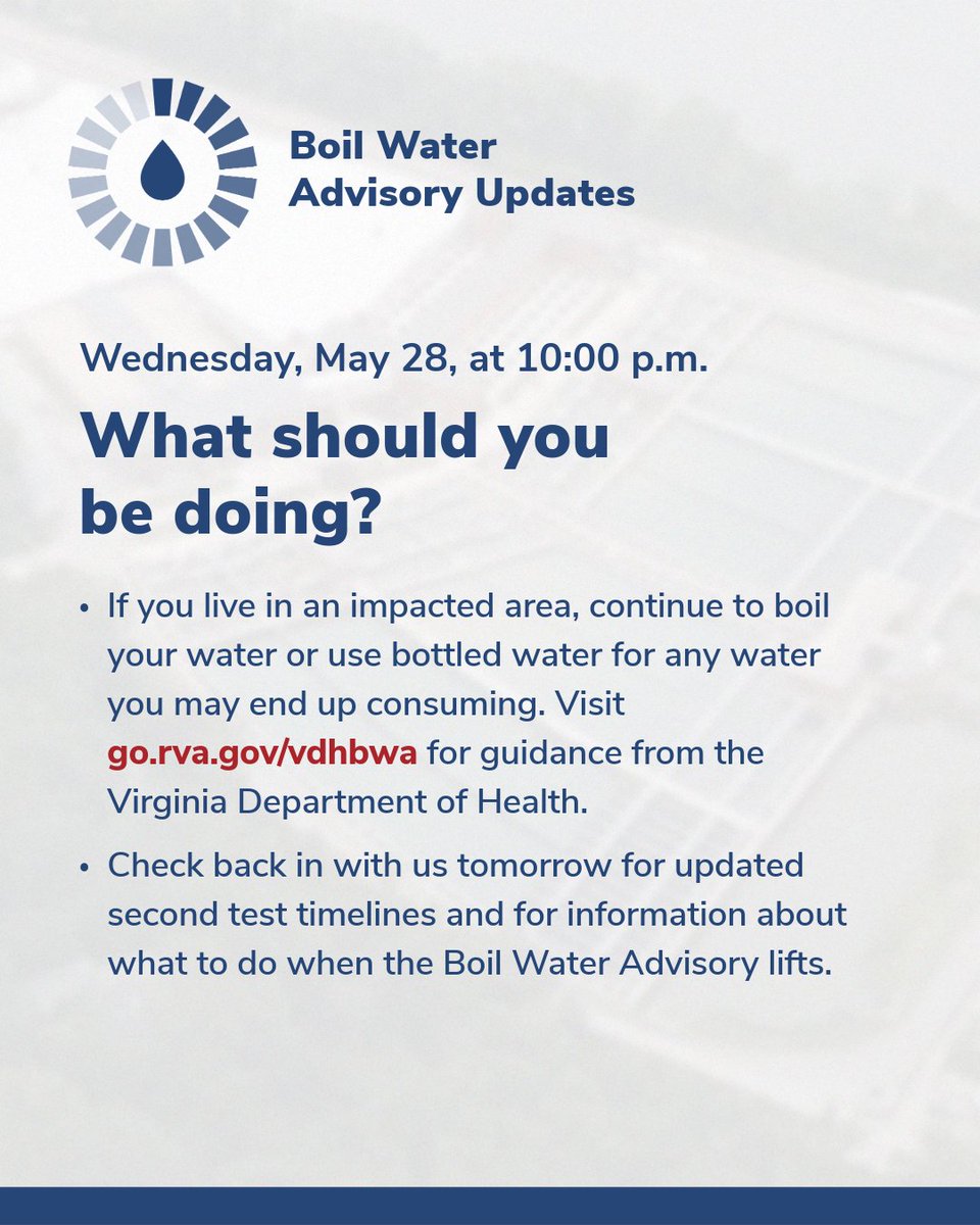 Boil Water Advisory Update – May 28
💧The Department of Public Utilities has reported that our first water test sample came back negative for both impacted water zones. This news gets us one step closer to lifting the Boil Water Advisory, but the Advisory is not lifted yet.