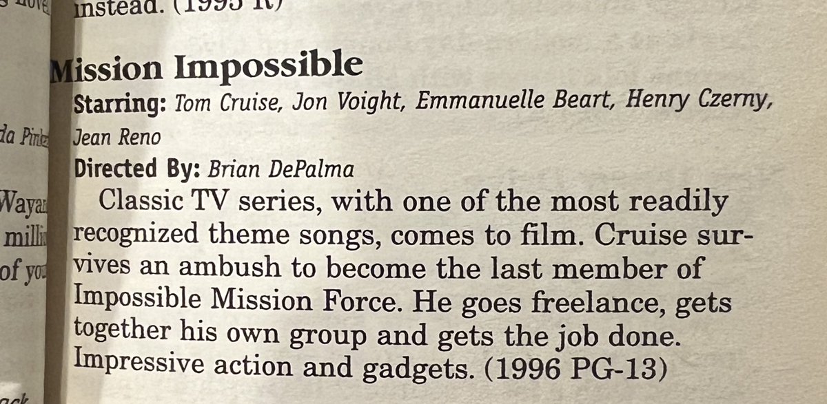 theloganboles's tweet photo. Recently picked up an old Blockbuster movie &amp; music recommendation book from 1997 and look what it had to say about Mission Impossible https://t.co/o6w7kJ3AmS