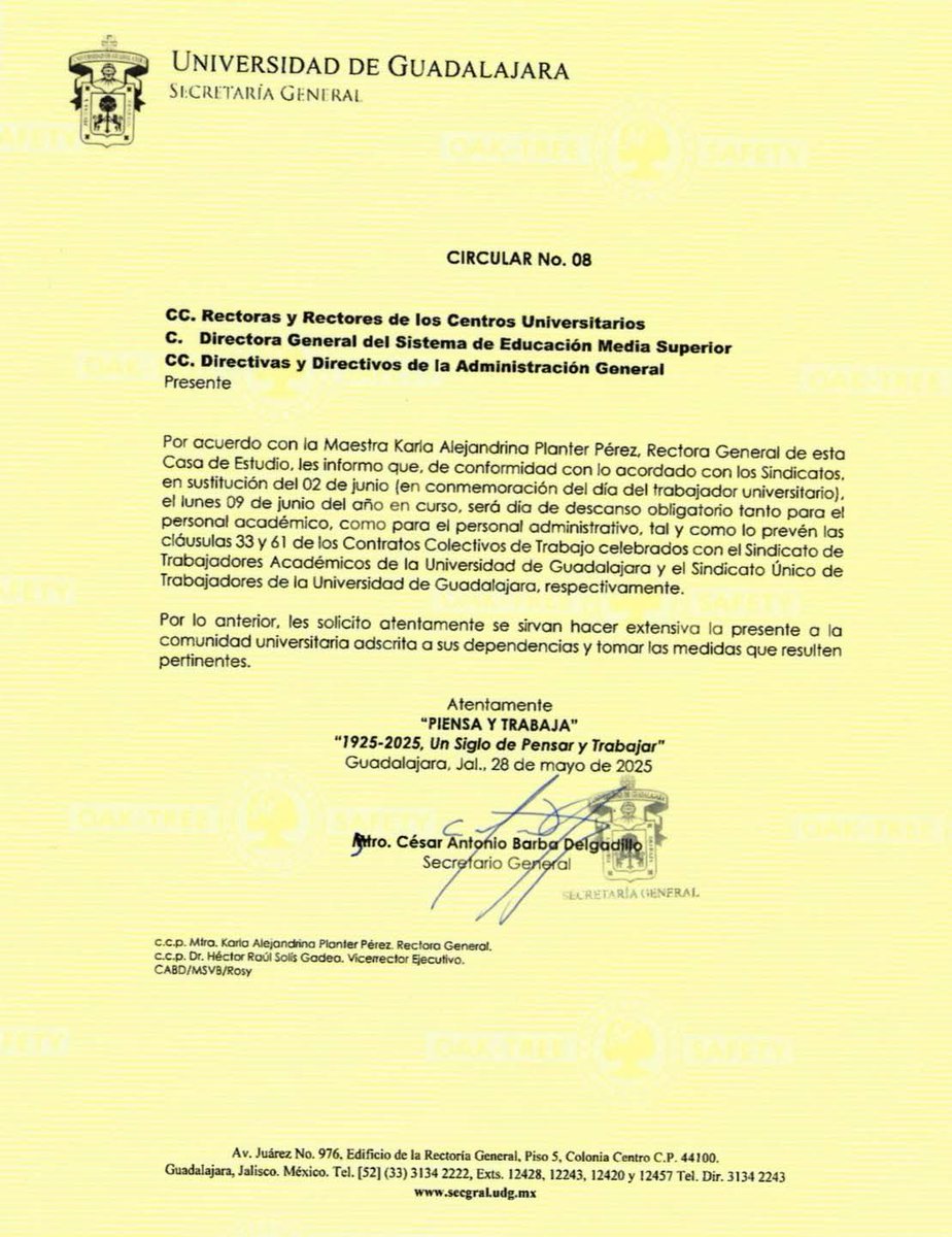 CesarBarbaD's tweet image. Buenas noches, les comparto la Circular 8 en que se específica que el lunes 9 de junio es descanso obligatorio con motivo del Día del Trabajador Universitario