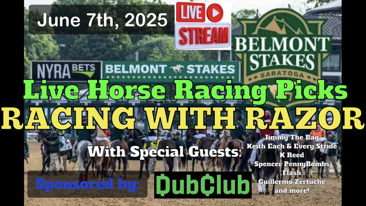 LIVE Belmont Stakes coverage from Racing with Razor with tons of special guests!

We are 8 days away from the 3rd leg of the Triple Crown!

Get ready for a FULL DAY of Horse Racing as we cover ALL of the tracks and ALL of the races LIVE on screen!

June 7th!

🐎🐎🐎🐎