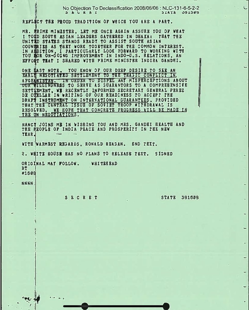 कांग्रेस को ग़ुस्सा क्यों आता है?
जब इस पेपर को हमने देखा तो मुझे आत्म ग्लानि हुई 
अमेरिकी राष्ट्रपति रोनाल्ड रेगन ने यह पत्र/ टेलीग्राम तत्कालीन प्रधानमंत्री राजीव गांधी जी को भेजा है 
1. अमेरिकी दबाव में हम पाकिस्तानी राष्ट्रपति जेनरल जिया से बात किए 
2. बातचीत का एजेंडा