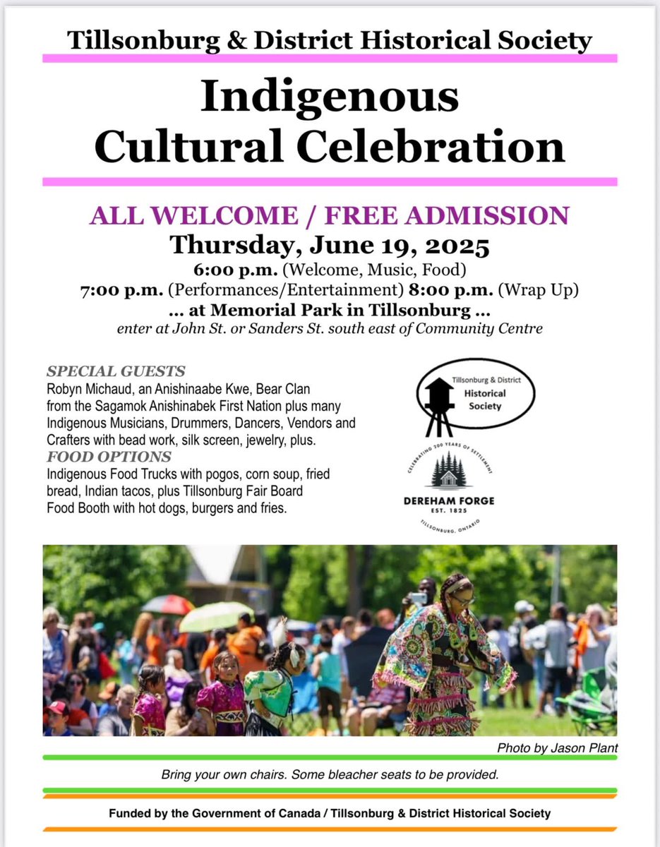 SO excited to share this FREE community event!

Indigenous Cultural Celebration
Memorial Park- Tillsonburg
June 19, 6-8pm

Dancing, singing, food and artisan market.  ALL are welcome!