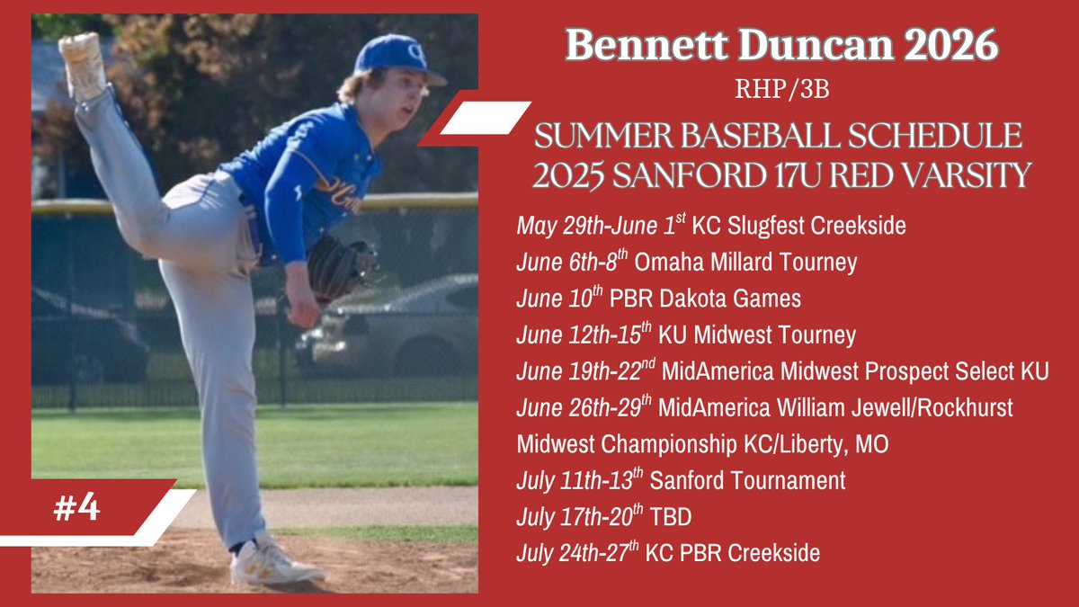 Bennett Duncan C/O 2026 RHP
Summer Schedule for this year. Ready to compete and perfect my craft.