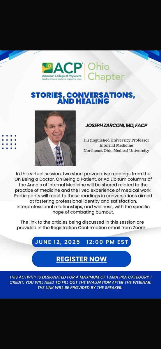 ACP Ohio (@ohioacp) on Twitter photo Please register for our June 2025 webinar, on Narrative in Medicine with Dr. Zarconi. It will be a fantastic experience!
<a href="/ACPIMPhysicians/">ACP</a>
<a href="/Mud_Fud/">Richard M. Wardrop III, MD, PhD, MACP, SFHM, FAAP</a> <a href="/ClevelandClinic/">Cleveland Clinic</a> <a href="/UHhospitals/">University Hospitals</a> <a href="/NEOMEDedu/">Northeast Ohio Medical University (NEOMED)</a> <a href="/CincyIM/">Eric Warm</a> <a href="/OhioHealth/">OhioHealth</a> <a href="/OSUWexMed/">The Ohio State University Wexner Medical Center</a> <a href="/WSUBoonshoftSOM/">WSU Boonshoft SOM</a>
us02web.zoom.us/webinar/regist… Please register for our June 2025 webinar, on Narrative in Medicine with Dr. Zarconi. It will be a fantastic experience!
<a href="/ACPIMPhysicians/">ACP</a>
<a href="/Mud_Fud/">Richard M. Wardrop III, MD, PhD, MACP, SFHM, FAAP</a> <a href="/ClevelandClinic/">Cleveland Clinic</a> <a href="/UHhospitals/">University Hospitals</a> <a href="/NEOMEDedu/">Northeast Ohio Medical University (NEOMED)</a> <a href="/CincyIM/">Eric Warm</a> <a href="/OhioHealth/">OhioHealth</a> <a href="/OSUWexMed/">The Ohio State University Wexner Medical Center</a> <a href="/WSUBoonshoftSOM/">WSU Boonshoft SOM</a>
us02web.zoom.us/webinar/regist…