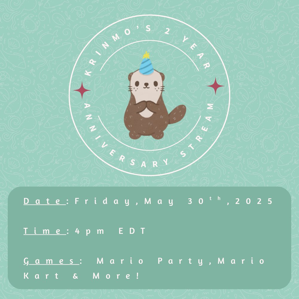 Krinmo_'s tweet image. On Friday May 30 4:00PM EDT I'll be having my 2 year stream anniversary!
I'll start off on my own for a bit, then we'll move into some Mario Party Jamboree, and then some Mario Kart after that!
Thanks so much for these past 2 years! I hope to see you there for some fun times!