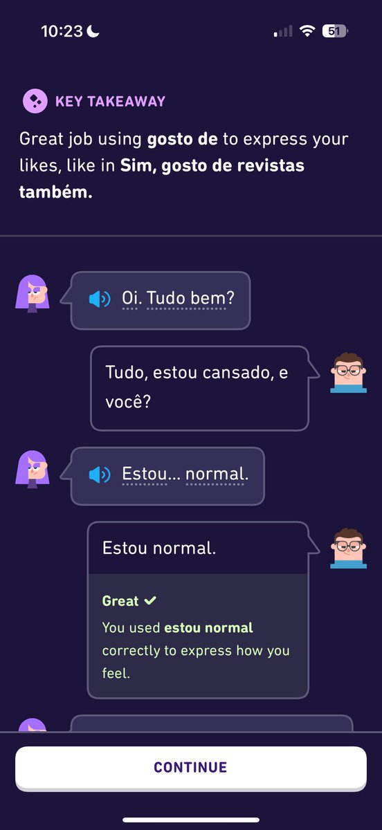 AWoodsNC's tweet photo. Hey @duolingo - your AI is pretty good, but Lilly keeps picking up what she says and claims I said it. The listening needs to be improved, it’s picking up its own language instead of waiting for me to speak. https://t.co/435Af661bj