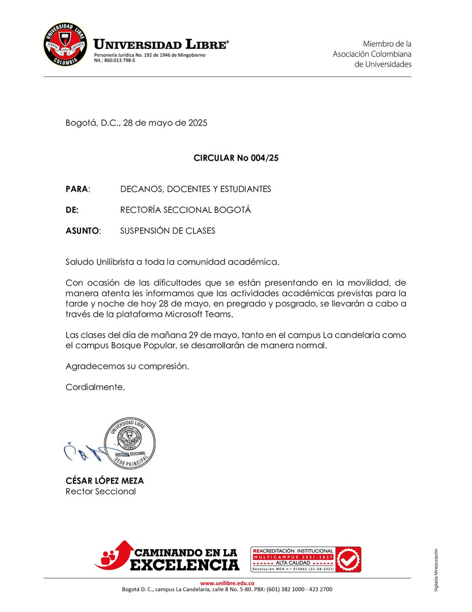 📢 #UnilibreInforma
Mañana jueves 29 de mayo, las clases programadas para pregrado y posgrado en la sede Bogotá, tanto en jornada diurna como nocturna, se realizarán de forma virtual a través de Microsoft Teams.

Agradecemos su comprensión y compromiso.