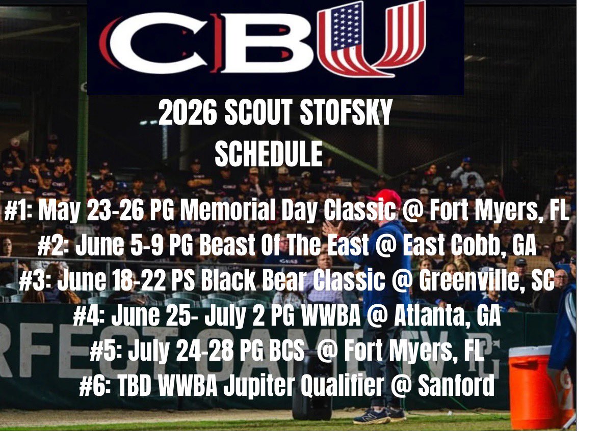 Eric Knowles (@eric_knowles4) on Twitter photo Here is the schedule for this summer on CBU 2026 Scout Team Stofsky
<a href="/JesuitBaseball/">Jesuit Baseball</a> <a href="/CBU_FL/">🇺🇸CBU🇺🇸</a> <a href="/BBA_Teams/">Wayne Stofsky</a> Here is the schedule for this summer on CBU 2026 Scout Team Stofsky
<a href="/JesuitBaseball/">Jesuit Baseball</a> <a href="/CBU_FL/">🇺🇸CBU🇺🇸</a> <a href="/BBA_Teams/">Wayne Stofsky</a>