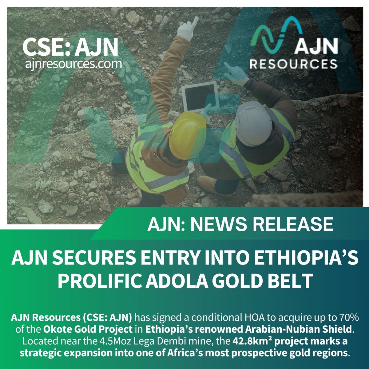 ResolveIR (@resolveir) on Twitter photo 📢 AJN Resources (CSE: $AJN) signs HOA to acquire up to 70% of the Okote Gold Project in Ethiopia’s Adola Belt — just 100km from the 4.5Moz Lega Dembi mine. Strategic move into a world-class gold region! 🟡🌍
<a href="/AJN_Resources/">AJN Resources</a>
🔗 ajnresources.com/wp-content/upl… 📢 AJN Resources (CSE: $AJN) signs HOA to acquire up to 70% of the Okote Gold Project in Ethiopia’s Adola Belt — just 100km from the 4.5Moz Lega Dembi mine. Strategic move into a world-class gold region! 🟡🌍
<a href="/AJN_Resources/">AJN Resources</a>
🔗 ajnresources.com/wp-content/upl…