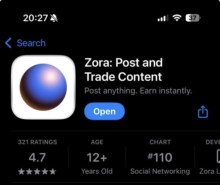 js_horne's tweet photo. Zora is climbing the App Store rankings for social. 

Currently at #110 https://t.co/aIPVUyOsWY