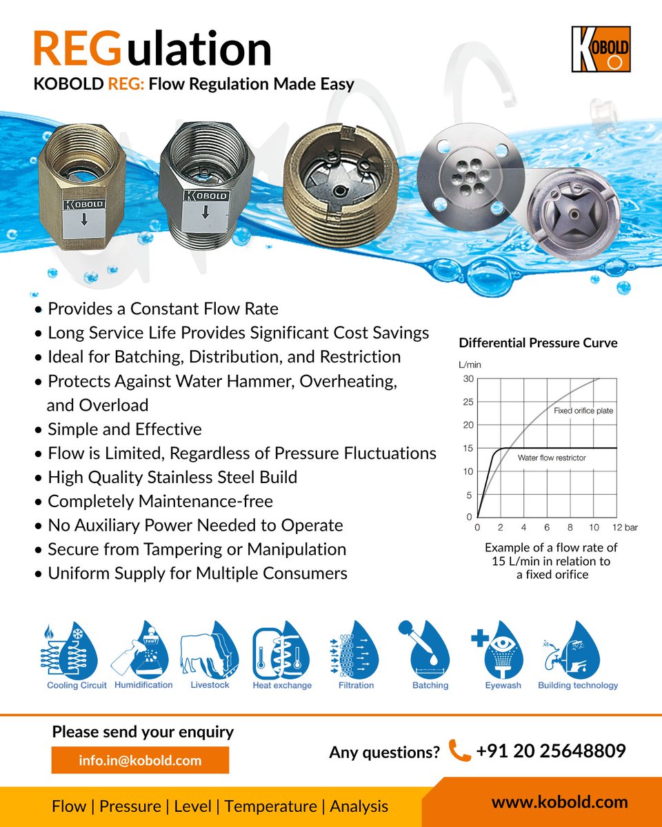 KOBOLD REGs are ideal for those applications where a constant flow rate is needed despite pressure fluctuations in the system
☎ 020 25648809/14 | 📧 marketing.in@kobold.com

#KOBOLD #flowrestrictor #constantflow #pumpprotection #waterdistribution #heatingsystems #dosingsolutions