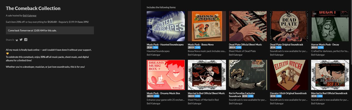 All my music is finally back online — and I couldn’t have done it without your support.

To celebrate this comeback, enjoy 20% off all music packs, sheet music, and digital albums for a limited time!

Whether you’re a developer, musician, or just love soundtracks, this is for