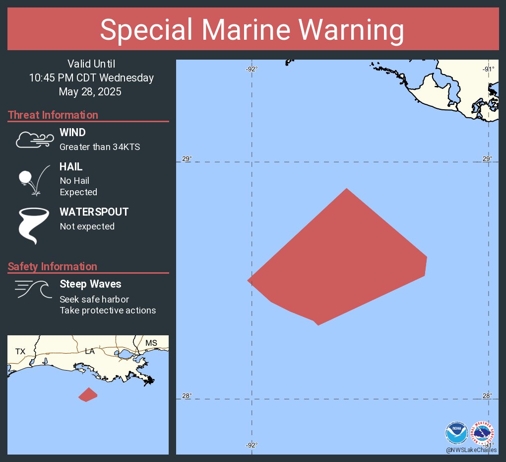 Special Marine Warning including the Waters from Lower Atchafalaya River to Intracoastal City LA from 20 to 60 NM until 10:45 PM CDT