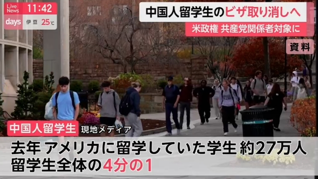 【米国、中国人留学生のビザ取り消しへ】ルビオ米国務長官は、中国共産党とつながりのある中国人留学生のビザ（査証）取り消しを開始すると発表。去年、２７万人以上が中国から米国に留学、中国人留学生は米国の外国人留学生全体の約４分の１を占める。