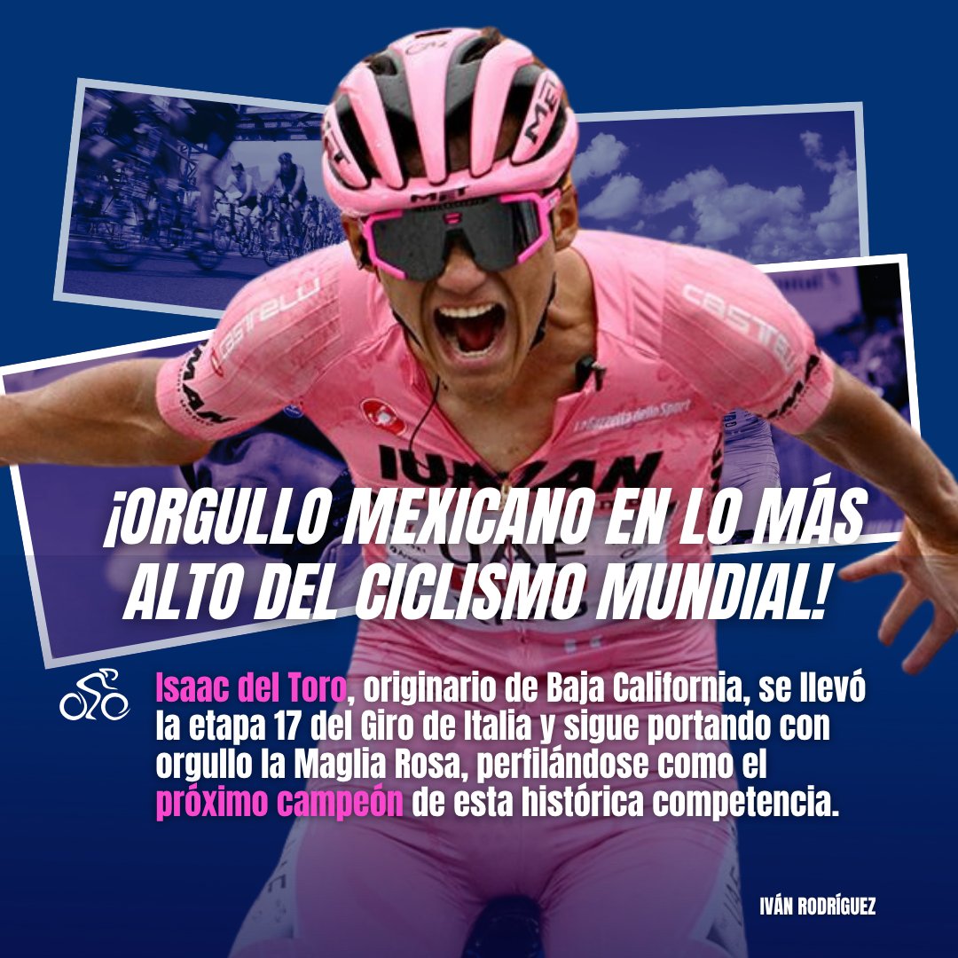 ¡Felicidades a Isaac Del Toro y gracias por recordarnos de qué estamos hechos! 🇲🇽🚴🏻‍♂️
Como apasionado del ciclismo, celebro con entusiasmo este logro que demuestra que el talento mexicano puede llegar tan lejos como se lo proponga.

#TalentoMexicano #GiroDeItalia #IsaacDelToro
