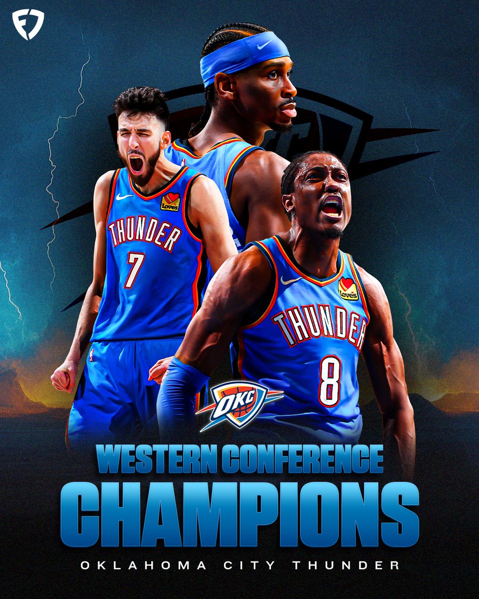 FanDuel's tweet photo. OKC IS HEADING TO THE NBA FINALS 🌩️

For the first time since 2012 the Thunder will be competing for an NBA Championship 🏆

#ThunderUp https://t.co/D5FrdZPYAE