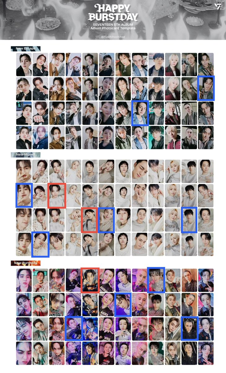 3qa63's tweet photo. 세븐틴 정규 5집 HAPPY BURSTDAY 포카 교환 (위버스 특전, gv특전 포함
DM or https://t.co/1NX2iEn45Z

있어요 : 사진 속 🟦 (에스쿱스 조슈아 호시 우지 디에잇 민규 도겸 버논 디노) 
구해요 : 사진 속 🟥 (원우 or 준)

교차, n:1 가능 편하게 연락주세요 https://t.co/FvJ7939f0j