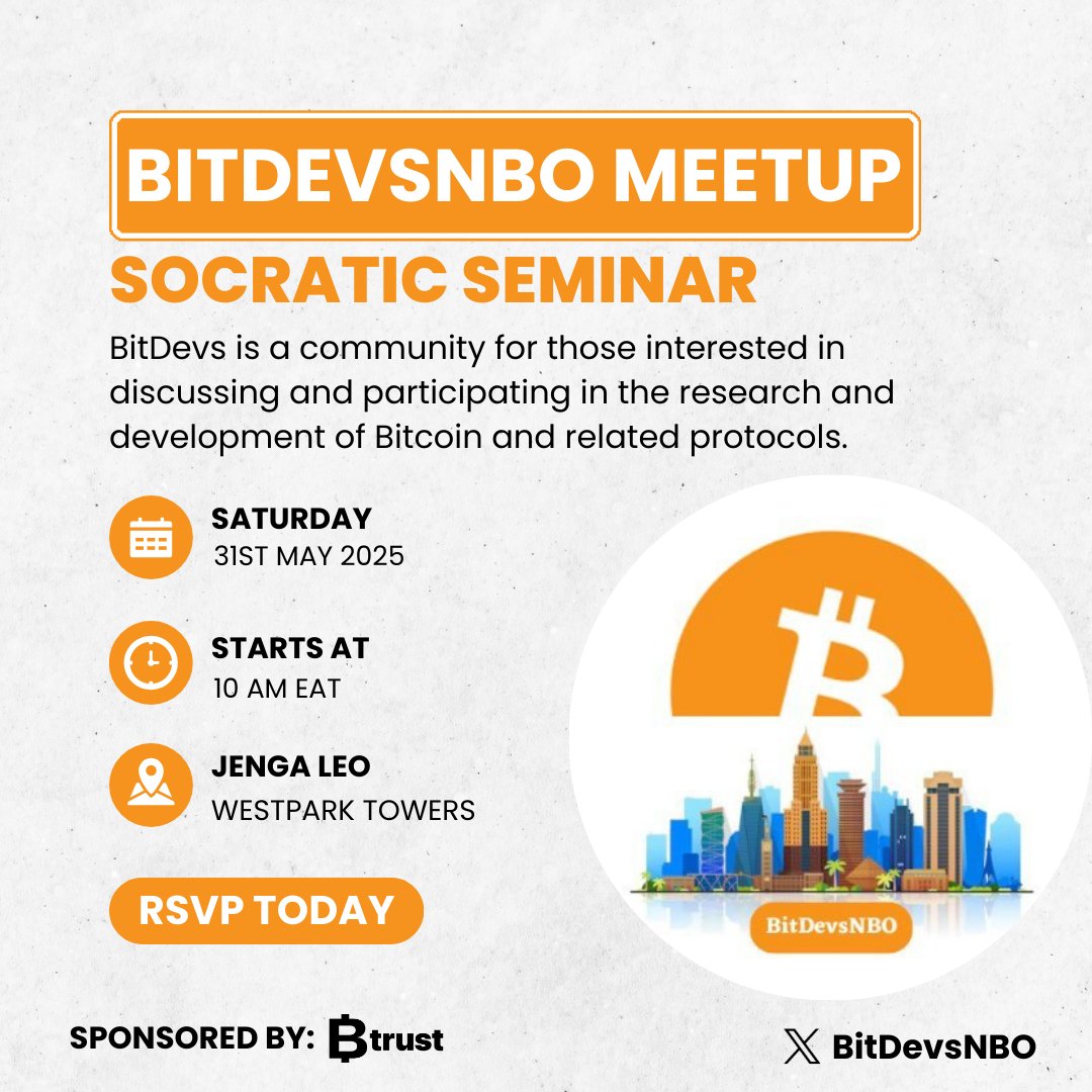 Tando (@tando_me) on Twitter photo Join us for the May edition of BitDevs Nairobi ๐ฐ๐ช happening this Saturday.
<a href="/BitDevsNBO/">BitDevs Nairobi</a> is a community for those interested in the technical aspects of Bitcoin. We dive into Bitcoin protocol developments, new research, and other topics from the world of Bitcoin and open-source Join us for the May edition of BitDevs Nairobi ๐ฐ๐ช happening this Saturday.
<a href="/BitDevsNBO/">BitDevs Nairobi</a> is a community for those interested in the technical aspects of Bitcoin. We dive into Bitcoin protocol developments, new research, and other topics from the world of Bitcoin and open-source