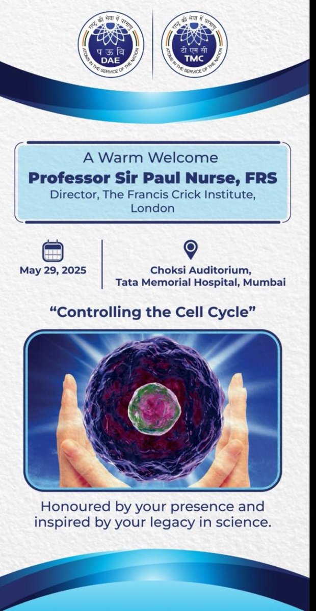 Tata Memorial Hospital (@tatamemorial) on Twitter photo The 2001 <a href="/NobelPrize/">The Nobel Prize</a> laureate Prof. Sir Paul Nurse for his groundbreaking work on the cell cycle, will deliver a talk on ‘Controlling the Cell Cycle’ on 29.5 at 2.30 pm <a href="/TataMemorial/">Tata Memorial Hospital</a>. You can catch it live streamed on our YT channel as well! <a href="/DAEIndia/">DAE India</a>
youtube.com/@TataMemorialC… The 2001 <a href="/NobelPrize/">The Nobel Prize</a> laureate Prof. Sir Paul Nurse for his groundbreaking work on the cell cycle, will deliver a talk on ‘Controlling the Cell Cycle’ on 29.5 at 2.30 pm <a href="/TataMemorial/">Tata Memorial Hospital</a>. You can catch it live streamed on our YT channel as well! <a href="/DAEIndia/">DAE India</a>
youtube.com/@TataMemorialC…