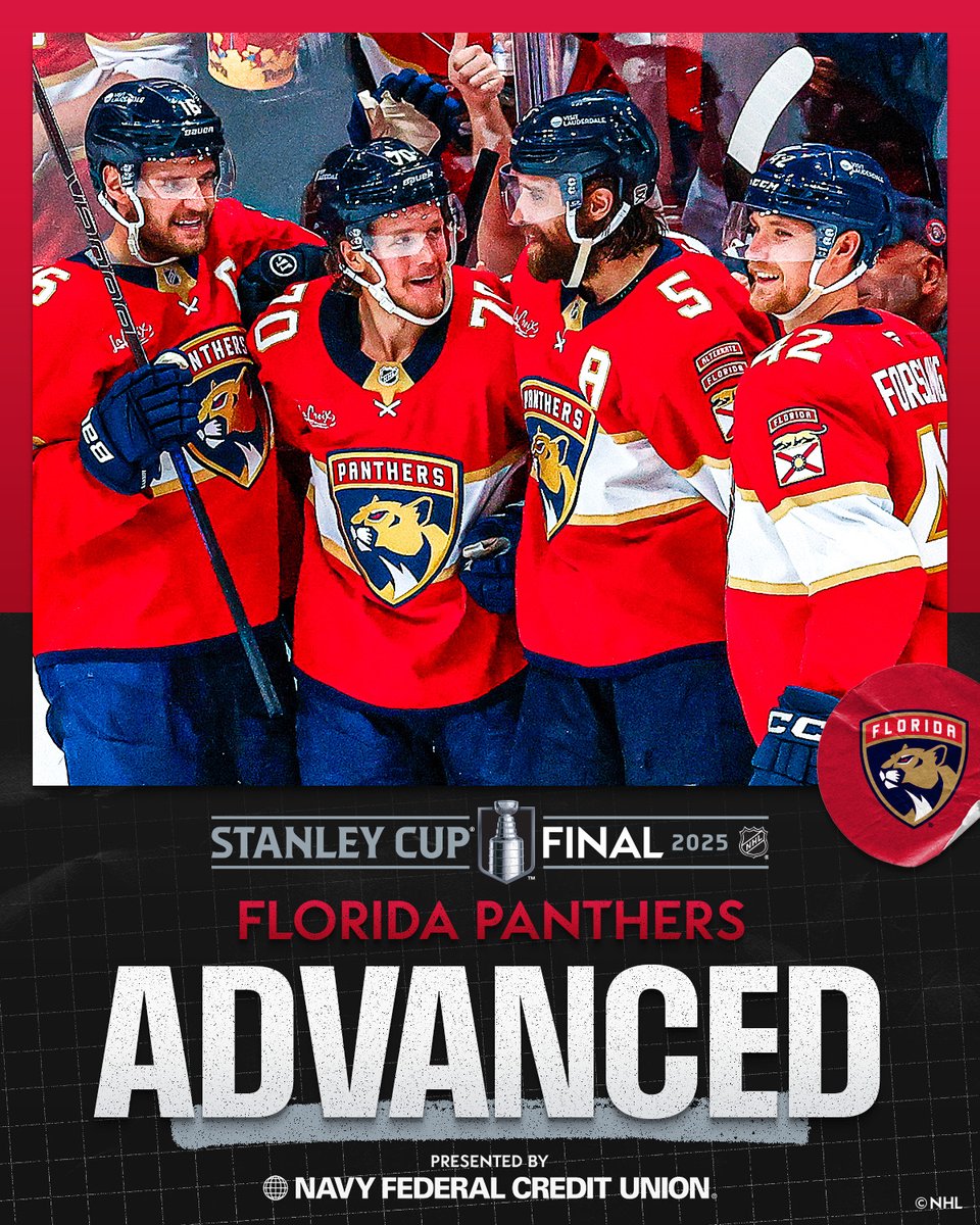 NHL (@nhl) on Twitter photo THE CATS ARE #STANLEYCUP FINAL BOUND! 😼
For the third straight year, the <a href="/FlaPanthers/">Florida Panthers</a> are the Eastern Conference Champions and will play in the #StanleyCup Final!
Presented by <a href="/NavyFederal/">Navy Federal Credit Union</a> THE CATS ARE #STANLEYCUP FINAL BOUND! 😼
For the third straight year, the <a href="/FlaPanthers/">Florida Panthers</a> are the Eastern Conference Champions and will play in the #StanleyCup Final!
Presented by <a href="/NavyFederal/">Navy Federal Credit Union</a>