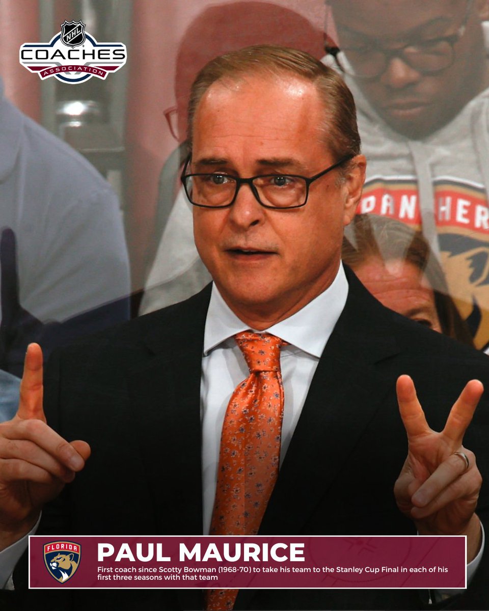 Paul Maurice is the first <a href="/NHL/">NHL</a> Head Coach since Scotty Bowman (1968-70) to take his team to the #StanleyCupFinal in each of his first three seasons with that team.