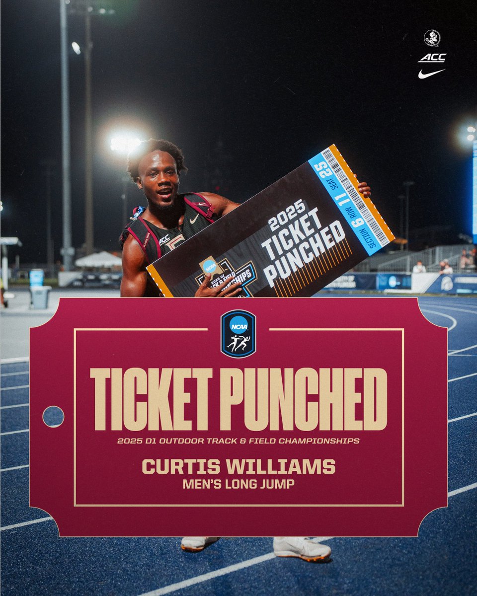 Secured his plane ticket to Eugene ✈️

Curtis Williams earns a spot at the NCAA Outdoor National Championship after placing sixth in the men's long jump with a mark of 7.59m (24-11)

#NoleFamily | #OneTribe
