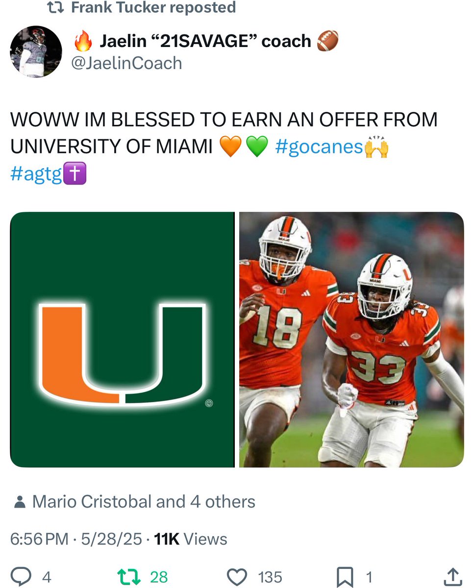 Chris Ewald Sr (@_chrisewaldsr) on Twitter photo 3 of my 8th grader’s received offers from <a href="/CanesFootball/">Miami Hurricanes Football</a> today. Thank you <a href="/coach_cristobal/">Mario Cristobal</a> <a href="/TheCribSouthFLA/">Frank Tucker</a> and the rest of the staff for a great camp today. 3 of my 8th grader’s received offers from <a href="/CanesFootball/">Miami Hurricanes Football</a> today. Thank you <a href="/coach_cristobal/">Mario Cristobal</a> <a href="/TheCribSouthFLA/">Frank Tucker</a> and the rest of the staff for a great camp today.