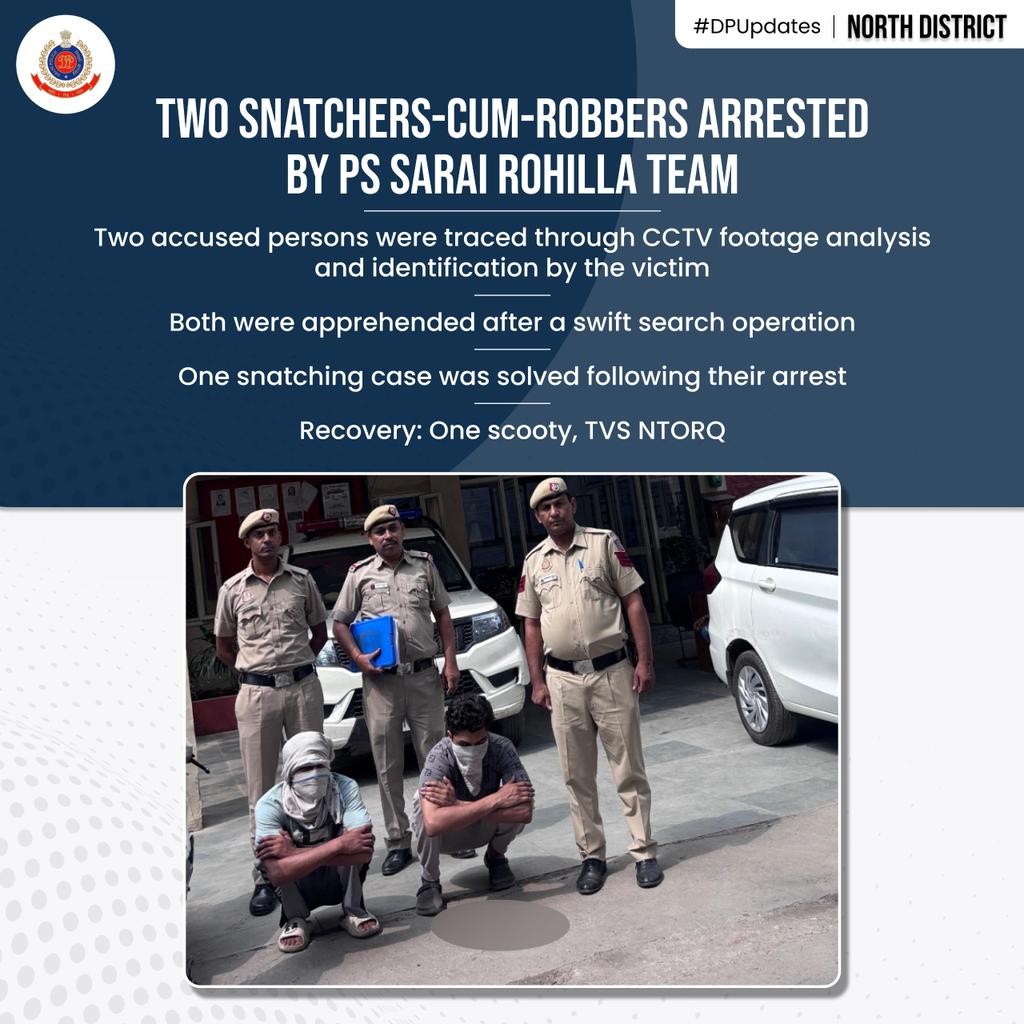DCP North Delhi (@dcpnorthdelhi) on Twitter photo #рдХрд╛рдиреВрдирдХреЗрд╣рд╛рде: Two snatchers-cum- robbers were arrested by PS Sarai Rohilla team, North District. They were Identified through CCTV & victim recognition, both were nabbed after a swift operation.Recovery includes One scooty ,TVS NTORQ.
<a href="/DelhiPolice/">Delhi Police</a>
<a href="/Ravindra_IPS/">Special CP Law & Order Delhi Police</a>
@DPUpdates #рдХрд╛рдиреВрдирдХреЗрд╣рд╛рде: Two snatchers-cum- robbers were arrested by PS Sarai Rohilla team, North District. They were Identified through CCTV & victim recognition, both were nabbed after a swift operation.Recovery includes One scooty ,TVS NTORQ.
<a href="/DelhiPolice/">Delhi Police</a>
<a href="/Ravindra_IPS/">Special CP Law & Order Delhi Police</a>
@DPUpdates