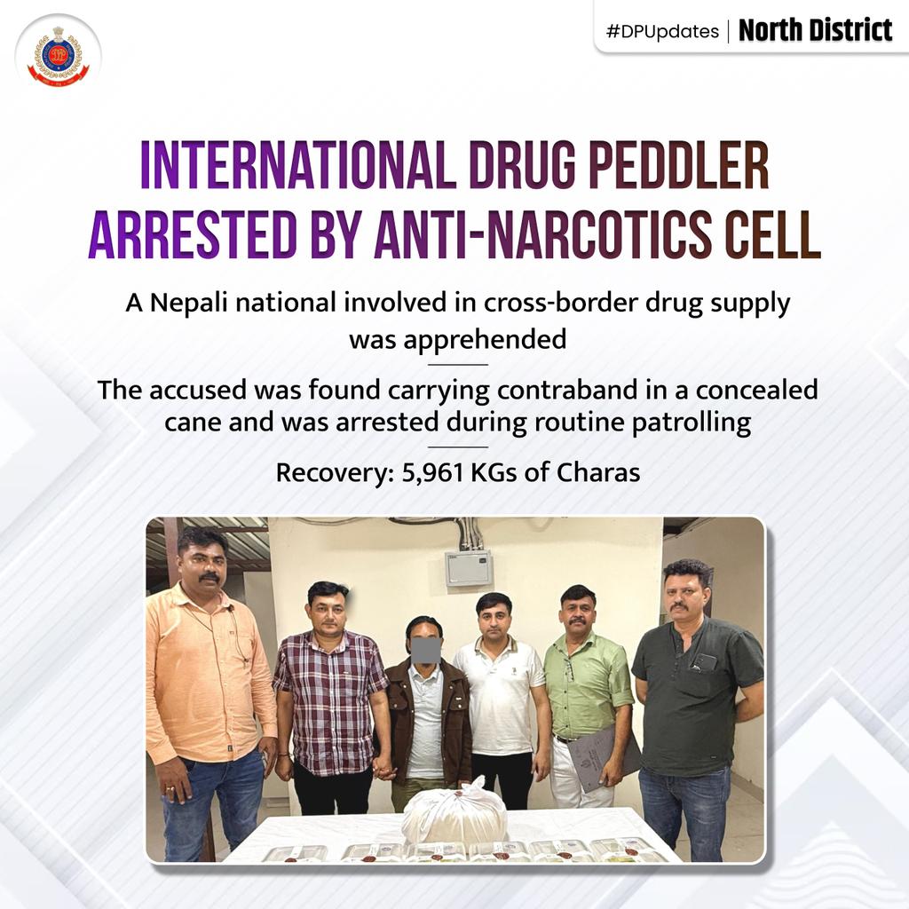 DCP North Delhi (@dcpnorthdelhi) on Twitter photo #рдХрд╛рдиреВрдирдХреЗрд╣рд╛рде: An international drug peddler, a Nepali national, was arrested by the Anti-Narcotics Cell, North District during routine patrolling. Contraband concealed in a cane was seized. Recovery includes 5.961 KGs of Charas.
<a href="/DelhiPolice/">Delhi Police</a>
<a href="/Ravindra_IPS/">Special CP Law & Order Delhi Police</a>
@DPUpdates #рдХрд╛рдиреВрдирдХреЗрд╣рд╛рде: An international drug peddler, a Nepali national, was arrested by the Anti-Narcotics Cell, North District during routine patrolling. Contraband concealed in a cane was seized. Recovery includes 5.961 KGs of Charas.
<a href="/DelhiPolice/">Delhi Police</a>
<a href="/Ravindra_IPS/">Special CP Law & Order Delhi Police</a>
@DPUpdates