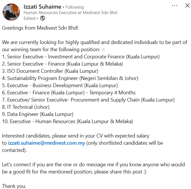 🚨 Hiring @ Medivest!
📍 KL, Melaka, Johor, N9
📌 10 roles incl. Finance, HR, IT, Engineer &amp; more!
📩 Send CV + expected salary: izzati.suhaime@medivest.com.my
📢 Share if you know someone fit!
#JobVacancy #KerjaKosong #HiringNow #MedivestJobs