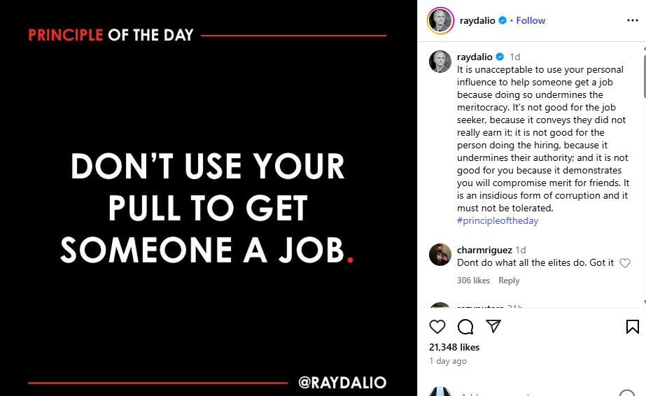 MurtadhaOne1's tweet photo. Pak @jokowi dan pak @erickthohir  udah baca postingan Ray Dalio ini?

Jangan gunakan pengaruh/kekuasaan Anda untuk membantu seseorang mendapatkan pekerjaan karena hal itu merusak meritokrasi https://t.co/xtN2BVZS7N