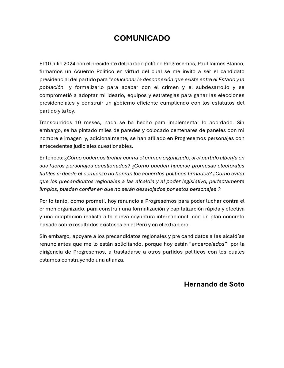 capital_popular's tweet photo. 🚨Un paso firme por el Perú🚨
Hernando de Soto renuncia al partido "Progresemos" para continuar luchando contra el crimen organizado y construir un futuro justo. Su compromiso sigue intacto: Un plan sólido para formalizar al país💪🇵🇪 https://t.co/4jvd4ysBw5