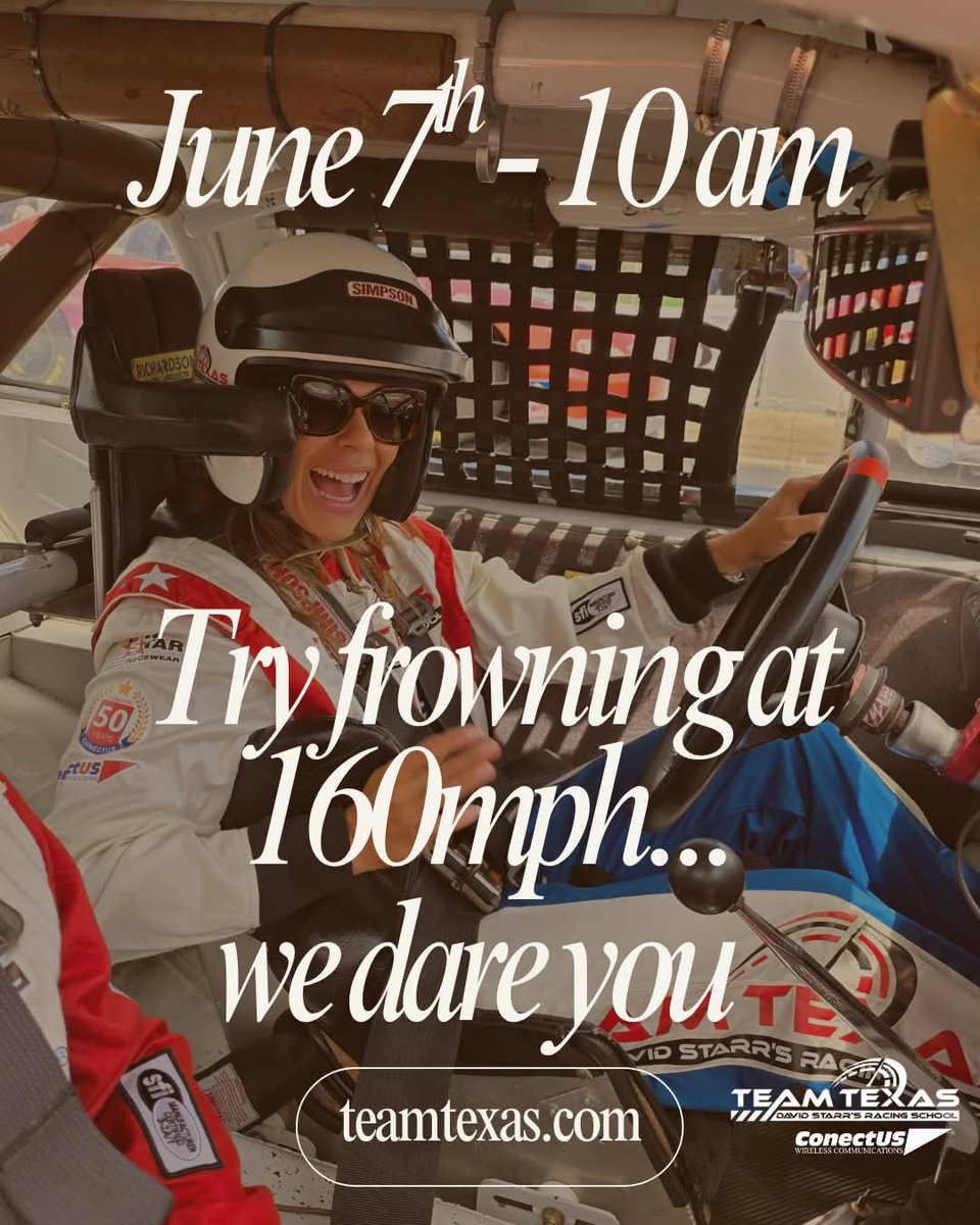 TeamTXDrivin's tweet image. Try frowning at 160mph… we dare you. 😎🏁
There’s no room for bad moods when you’re flying around Texas Motor Speedway in a real NASCAR racecar! Join us June 7th for a full-throttle experience that’ll leave your heart racing and your face hurting—from smiling too much.