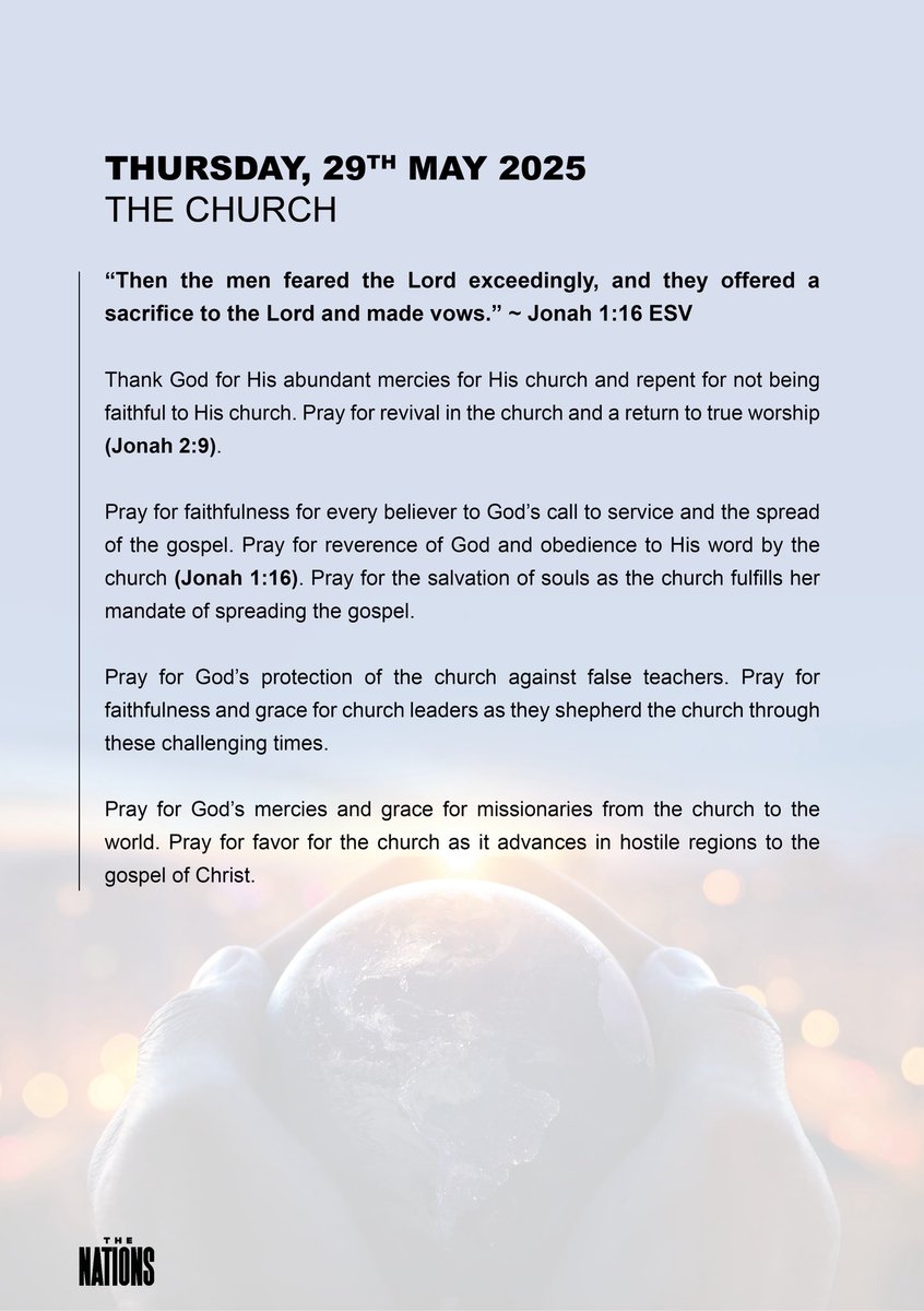 NairobiChapel's tweet photo. Prayer &amp; Fasting Wk
Day 4 | Thursday 29 May
The Church 
Bible Ref: Jonah 1:16

Today, we pray for the church in Kenya &amp; across the world.
Thank God for His abundant mercy, pray for the missionaries all over the world and for faithfulness of every believer.

#Prayer #GoTell #TOUCH https://t.co/EppWvRRriM