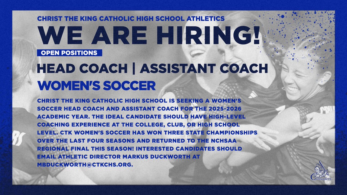 CTK Crusaders (@ctkcrusaders) on Twitter photo 🚨WE ARE HIRING🚨
📧Interested candidates should email Athletic Director Markus Duckworth at MBDuckworth@ctkchs.org.
#GoCrusaders | #CTK | #CTKSoccer 🚨WE ARE HIRING🚨
📧Interested candidates should email Athletic Director Markus Duckworth at MBDuckworth@ctkchs.org.
#GoCrusaders | #CTK | #CTKSoccer