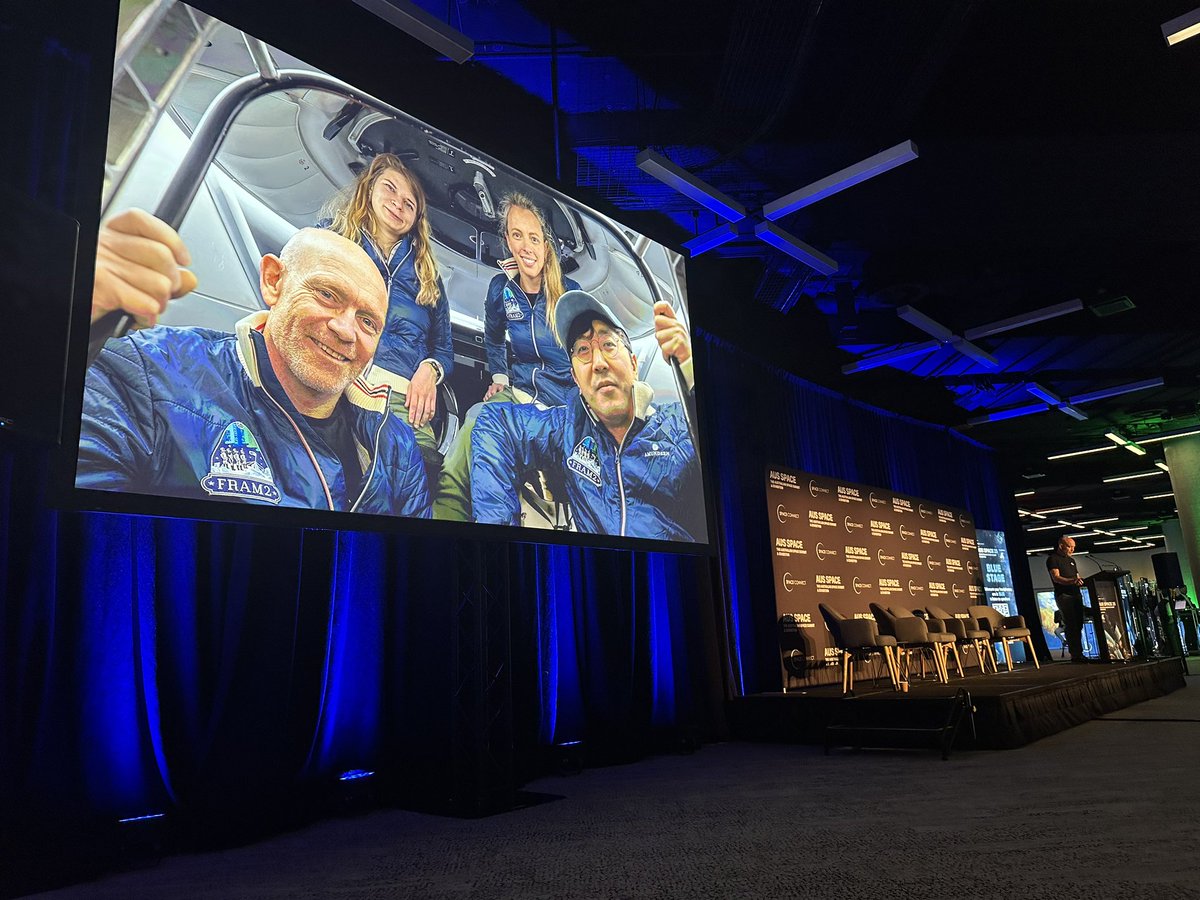 ac_charania's tweet photo. Final keynote yesterday in Sydney at Australian Space Summit and Exhibition 2025 #AusSpace from latest Australian astronaut Eric Philips (polar explorer and guide) on the Fram2 mission on @SpaceX Crew Dragon. first human polar low Earth orbit mission, a great achievement for commercial space also because none of the crew were trained aircraft pilots - a sign of the expansion (also demonstrated X ray scanning on mission)