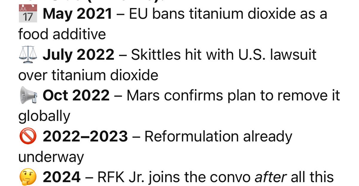 Alexa_Starrxo's tweet photo. The truth: Skittles agreed to phase out titanium dioxide back in 2022, after a lawsuit, long before RFK Jr. got involved.

🇪🇺 The EU banned it.
⚖️ A class action followed.
🍬 Mars said they’d remove it globally.

Let’s not rewrite history. #Skittles #TitaniumDioxide https://t.co/FXZlxpVyX4
