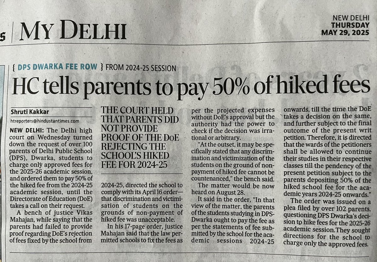 Dear Middle class,

HC order in DPS case has completely exposed BJP Govt, it has reiterated what we have been saying for last 2 months.

BJP’s Delhi Govt has not passed any order rejecting the Fee hike of DPS. In absence of any such order, parents case is on weak footing before