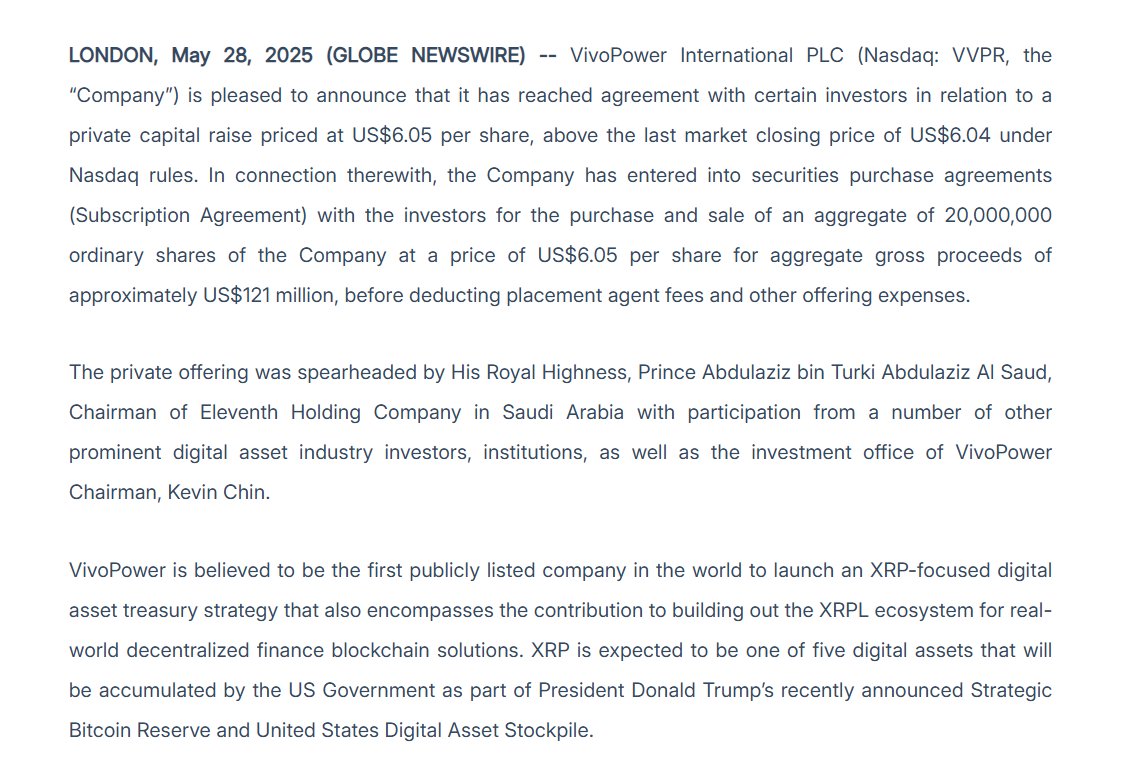 VivoPower, a Nasdaq-listed company raised $121M to buy and hold $XRP. The  $121M also include $100M from Saudi royalty. VivoPower is believed to be  the first publicly listed company in the world