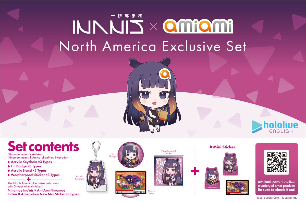 📢#AnimeExpo NEWS!

At the #amiamiAX2025 booth, we’re bringing the North America Exclusive Set of Ninomae Ina’nis (<a href="/ninomaeinanis/">Ninomae Ina'nis 🐙holoEN</a>) x AmiAmi items! 🐙

This set includes exclusive stickers! 💜

Don't miss out! 🧡
#AX2025 #WAHmbassadorship