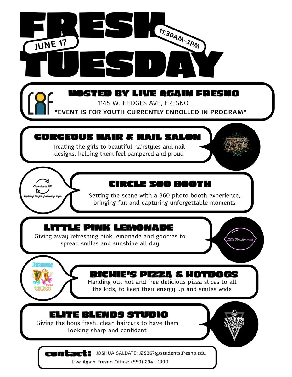 Joshua3Michael's tweet photo. Excited to bring another Fresh Tuesday to life at Live Again Fresno before wrapping up my internship. This time, we’re turning it up with new additions — Little Pink Lemonade and Elite Blends Studio — adding even more flavor, fresh cuts, and fun to the day.

Much love to all the vendors showing up and making this possible. Your support means everything, and the kids are going to feel it.

The mission stays the same — uplift, empower, and give back.
– Goodfella$ style.