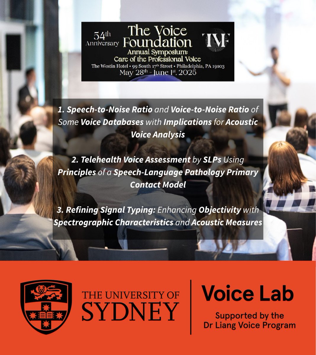 Congratulations to The Voice Foundation on their 54th Annual Symposium: Care of the Professional Voice! 🎉

Sydney Voice Lab is proud to be part of this prestigious event, presenting three studies which contribute to the global conversation on advancing voice science and care 🗣️