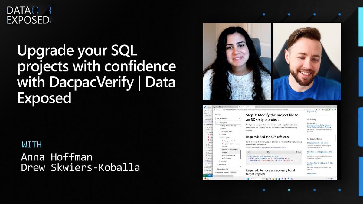 In today's Data Exposed session replay, we we discuss upgradin our SQL projects with DacpacVerify allowing us to quickly compare the build output from two different project builds, and then to catch mistakes and (cont) msft.it/l/6012SibyK