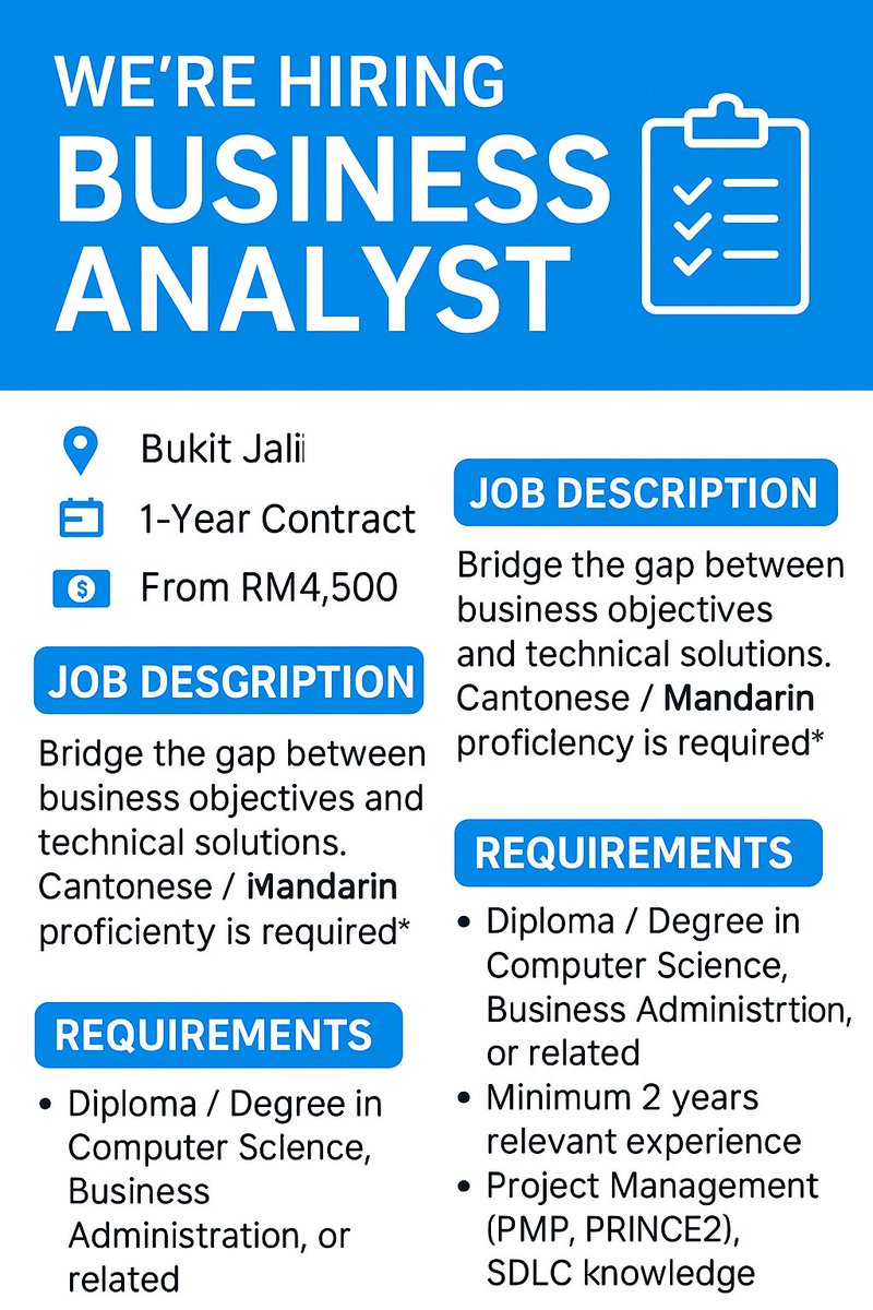 🚨 Hiring: Business Analyst
📍 Bukit Jalil | 🏢 IT Industry
💼 1-Year Contract | 💰 From RM4,500
🗣️ Must be fluent in Mandarin/Cantonese
🎯 2+ years exp | Project Mgmt + SDLC knowledge a plus
📩 Send resume: oda@qinetics.net
#BusinessAnalyst #HiringNow #TechJobs #MandarinSpeaker