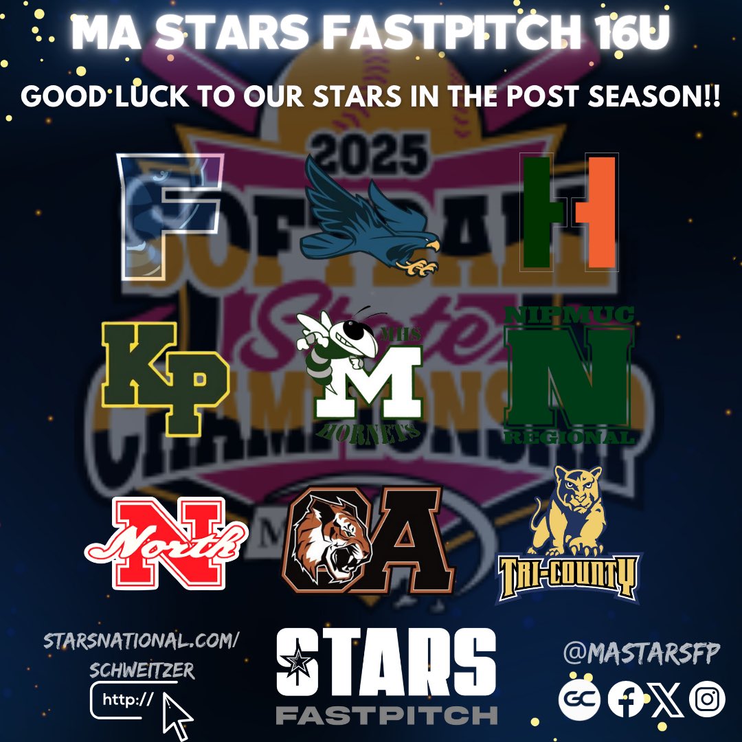 MAStarsFP's tweet photo. ⭐️⭐️⭐️Good Luck to our STARS in the high school post season!!! Go get ‘em ladies!! #miaa #mvada #starsfastpitch #mastarsfastpitch #mastarsfastpitchschweitzer https://t.co/4UnKqMuJ8x