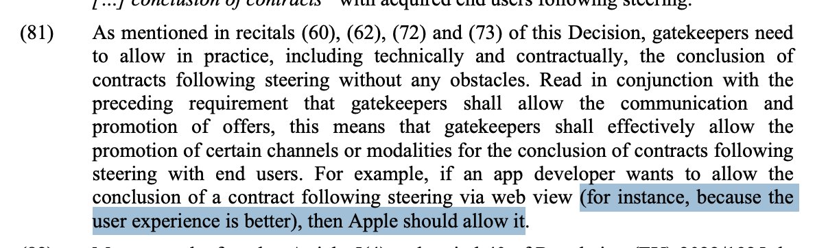 GergelyOrosz's tweet image. EU regulator:

If an app developer wants to link to the web (for example, because it allows for a better user experience / cheaper prices) then Apple needs to allow this.

This is a nice way of saying that Apple&apos;s anti-steering rules are anticompetitive.