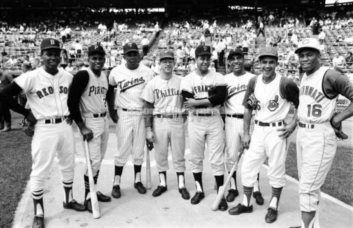 1965 MLB All-Star Game

Felix Mantilla, Roberto Clemente (HOF), Tony Oliva (HOF), Cookie Rojas, Juan Marichal (HOF), Zoilo Versalles, Vic Davalillo, and Leo Cardenas