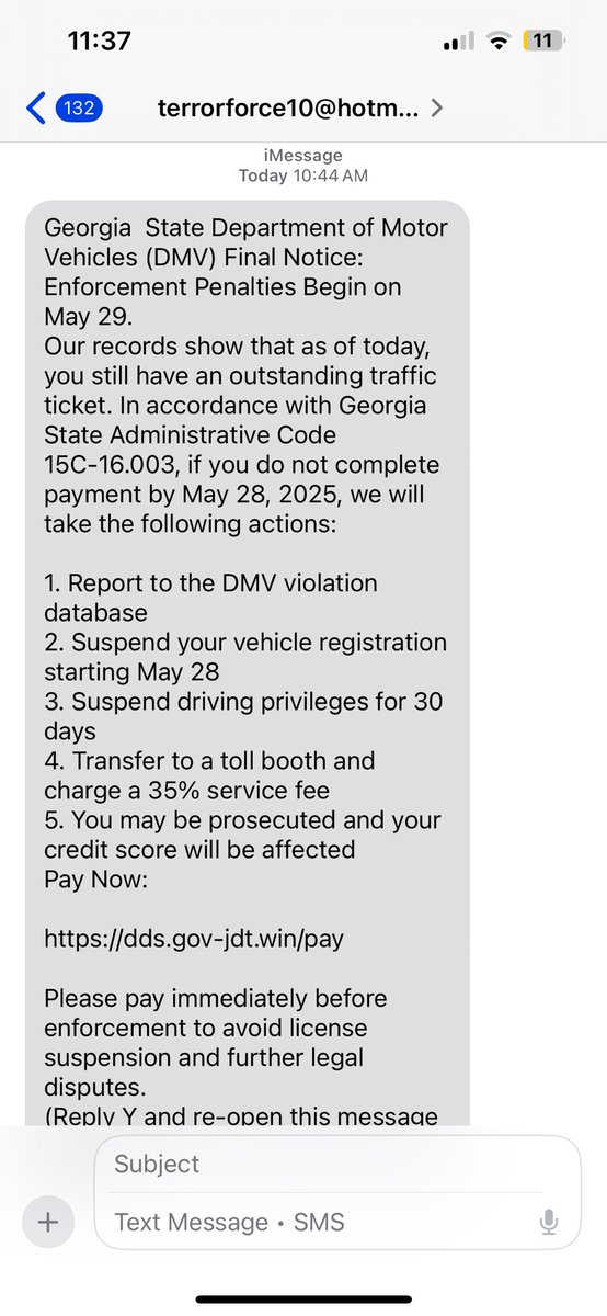 BoddieMichelle's tweet image. #ScamAlert:  Beware of #SCAM #TEXTS like the one I received from terrorforce10@hotmail.com, this morning.  They are pretending to be the #Georgia #DMV.  See the #screenshot image of the #bogus/#scam notice/text.
