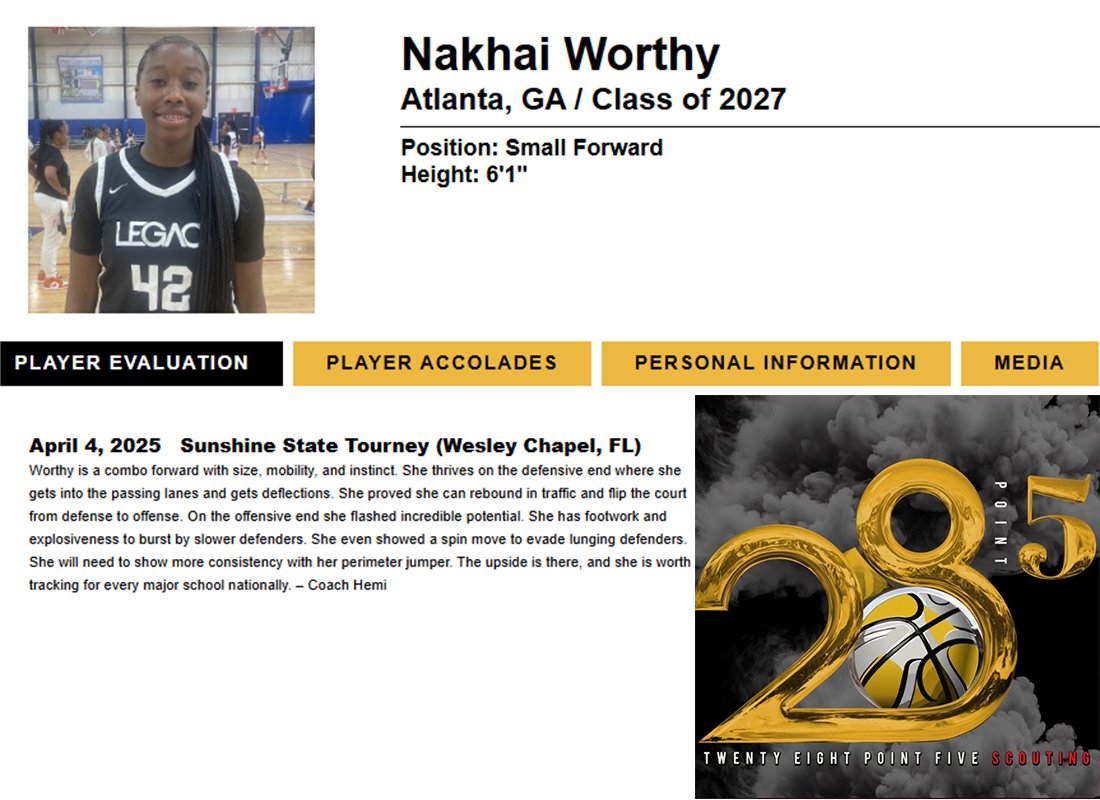 Jonathan Hemingway (@coachhemi) on Twitter photo ⭐️28.5 Scouting
'27 Nakhai Worthy is trending 📈
Latest offers: Pittsburgh and Baylor 🔥
We saw her talent firsthand with <a href="/LegacyNike17u/">Legacy Nike EYCL 17u</a> in April and knew that schools from coast to coast would be interested.
📓 28point5scouting.com/player-profile… ⭐️28.5 Scouting
'27 Nakhai Worthy is trending 📈
Latest offers: Pittsburgh and Baylor 🔥
We saw her talent firsthand with <a href="/LegacyNike17u/">Legacy Nike EYCL 17u</a> in April and knew that schools from coast to coast would be interested.
📓 28point5scouting.com/player-profile…