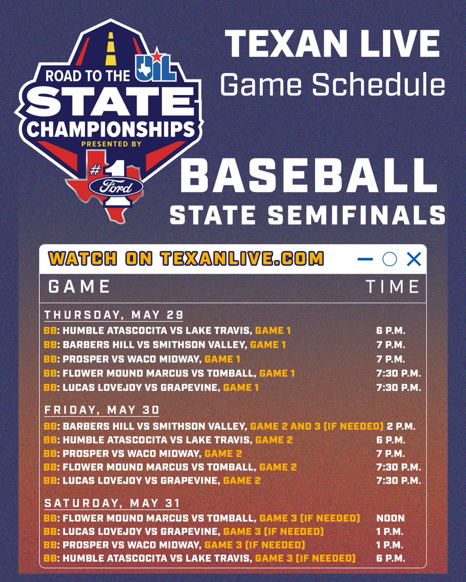 Dave Campbell's Texas Football — TexasFootball.com (@dctf) on Twitter photo The Road to the #TXHSBaseball State Championships presented by your Texas Ford dealers continues TONIGHT on Dave Campbell's Texan Live!
Catch <a href="/AHS_6aBaseball/">Atascocita Baseball</a> vs <a href="/LTCavBaseball/">Lake Travis Cavalier Baseball</a>, <a href="/LovejoyBaseball/">Lovejoy High School Baseball</a> vs <a href="/Gvinebaseball/">Mustang Baseball</a> & more TONIGHT on Texanlive.com before a full weekend of The Road to the #TXHSBaseball State Championships presented by your Texas Ford dealers continues TONIGHT on Dave Campbell's Texan Live!
Catch <a href="/AHS_6aBaseball/">Atascocita Baseball</a> vs <a href="/LTCavBaseball/">Lake Travis Cavalier Baseball</a>, <a href="/LovejoyBaseball/">Lovejoy High School Baseball</a> vs <a href="/Gvinebaseball/">Mustang Baseball</a> & more TONIGHT on Texanlive.com before a full weekend of